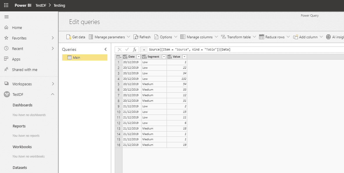 Main table in Dataflows